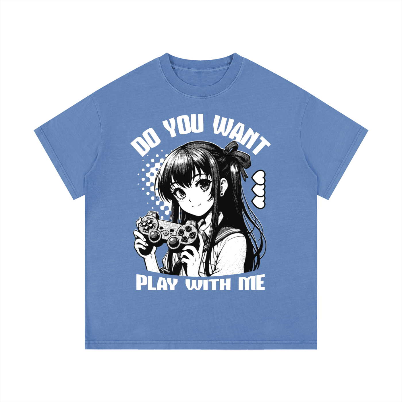 T-shirt oversized manga Gamer Girl en bleu roi délavé - gameuse anime et manette imprimées