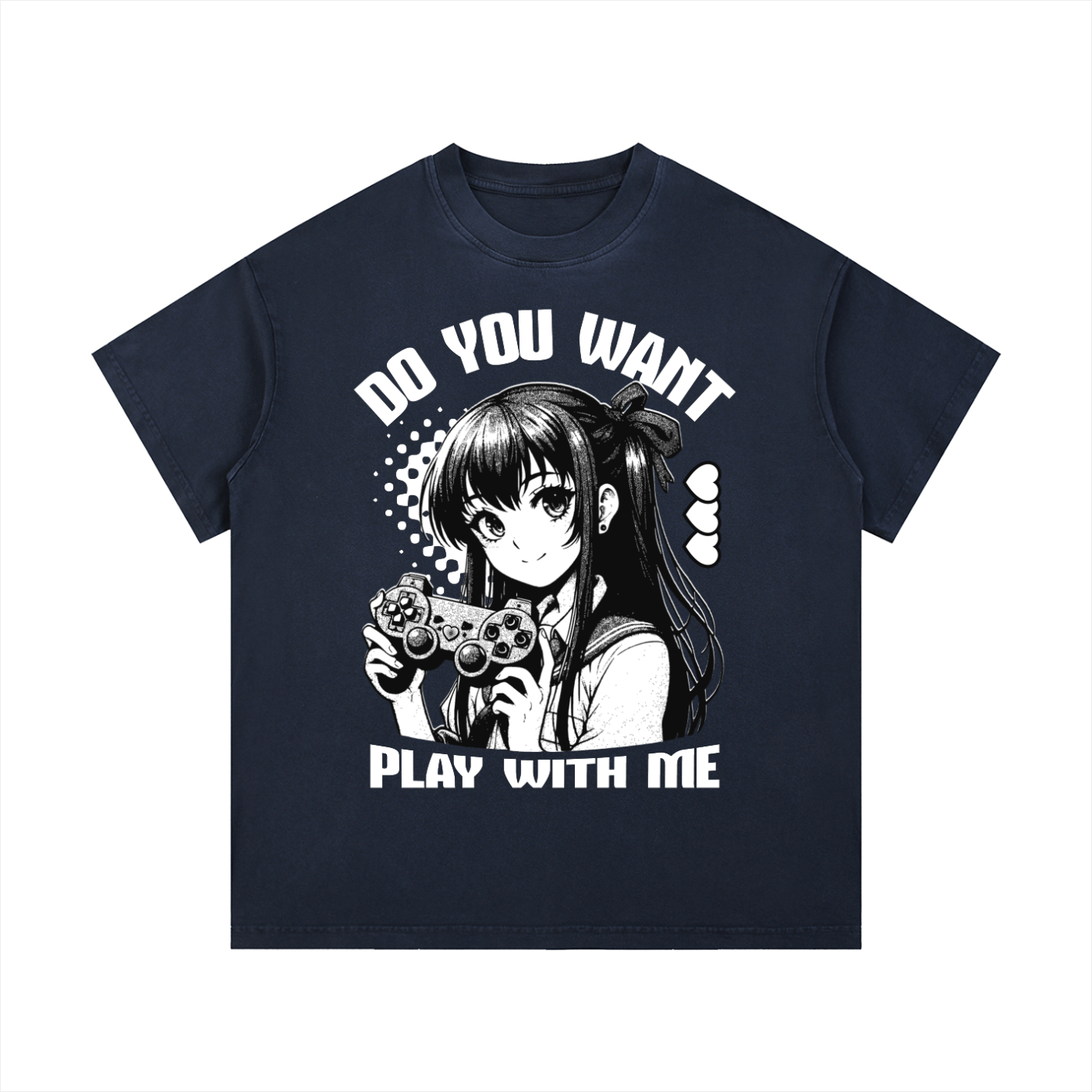 T-shirt oversized manga Gamer Girl en bleu marine délavé - print anime Do You Want Play With Me