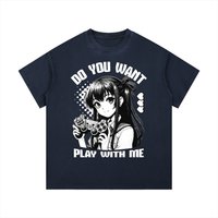 T-shirt oversized manga Gamer Girl en bleu marine délavé - print anime Do You Want Play With Me