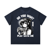 T-shirt manga gamer girl Play With Me coloris bleu marine, print anime noir et blanc