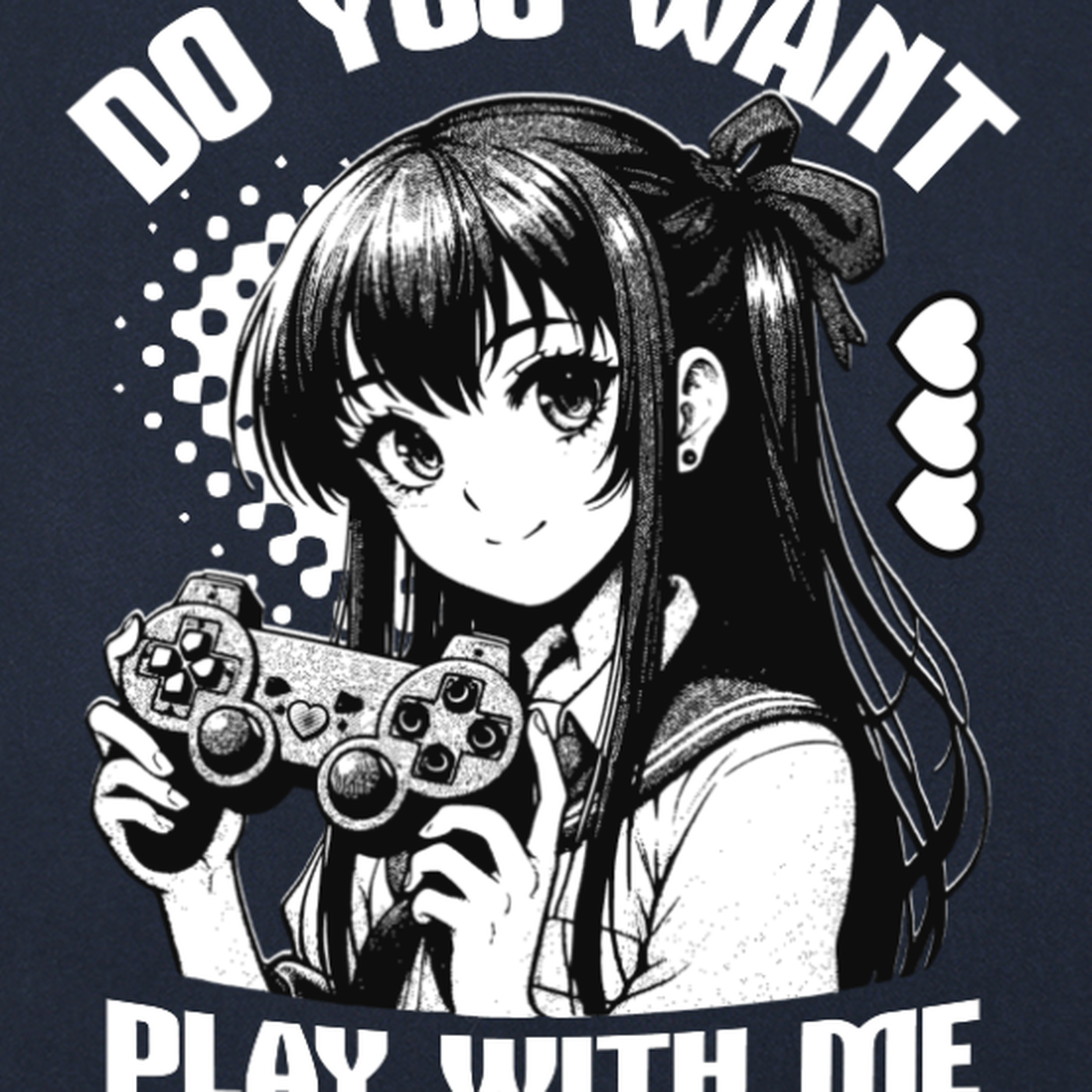 Gros plan du print Play With Me : gameuse manga au ruban tenant une manette de jeu