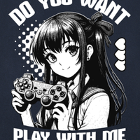 Gros plan du print Play With Me : gameuse manga au ruban tenant une manette de jeu