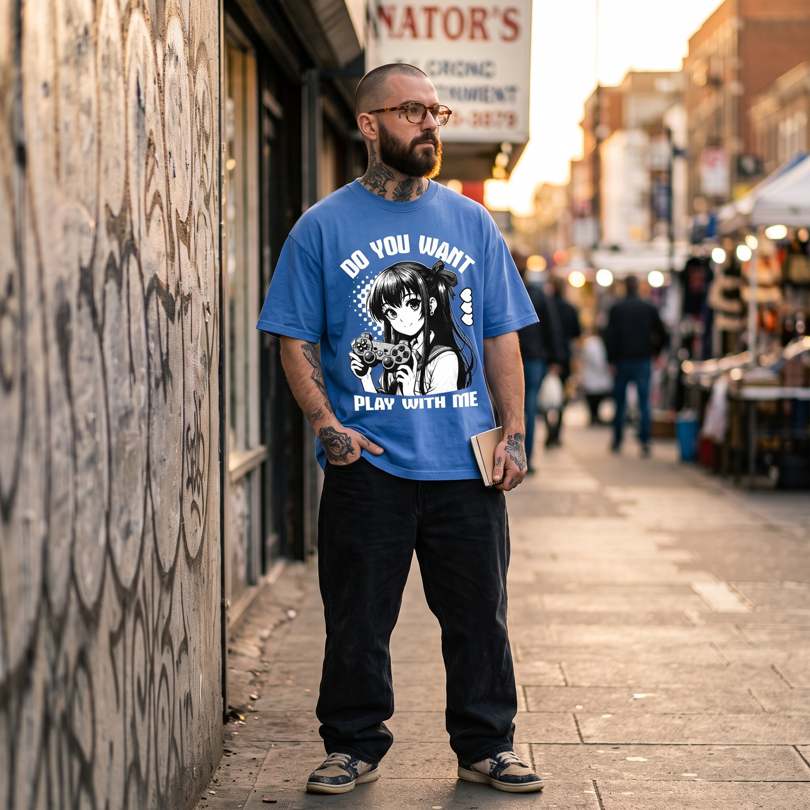 Homme en t-shirt oversized manga Gamer Girl bleu roi délavé dans une rue commerçante