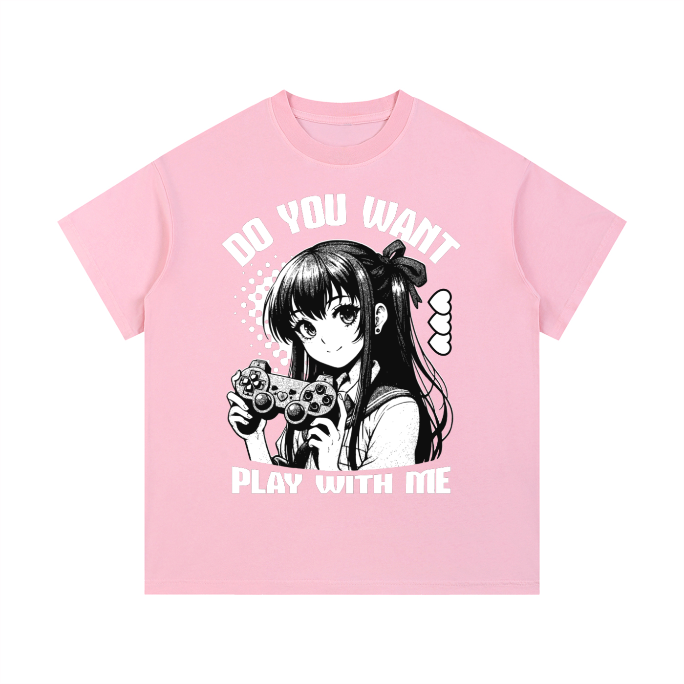 T-shirt oversized manga Gamer Girl en rose délavé - print anime blanc, esprit kawaii streetwear