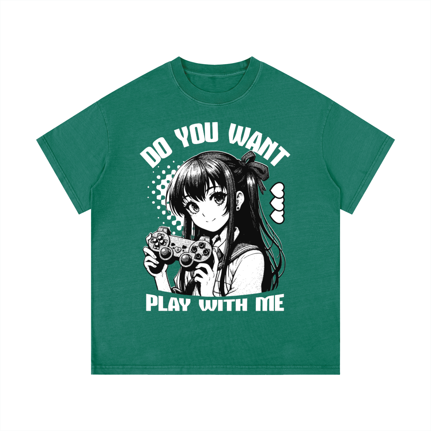T-shirt oversized manga Gamer Girl en vert foncé délavé - imprimé blanc Play With Me