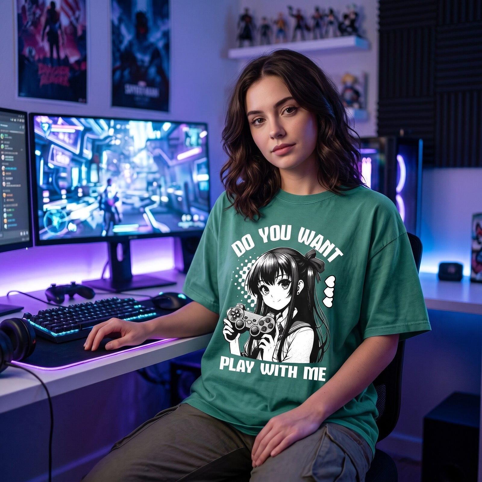 T-shirt vert Do You Want Play With Me porte assise devant un setup gaming aux neons violets et double ecran