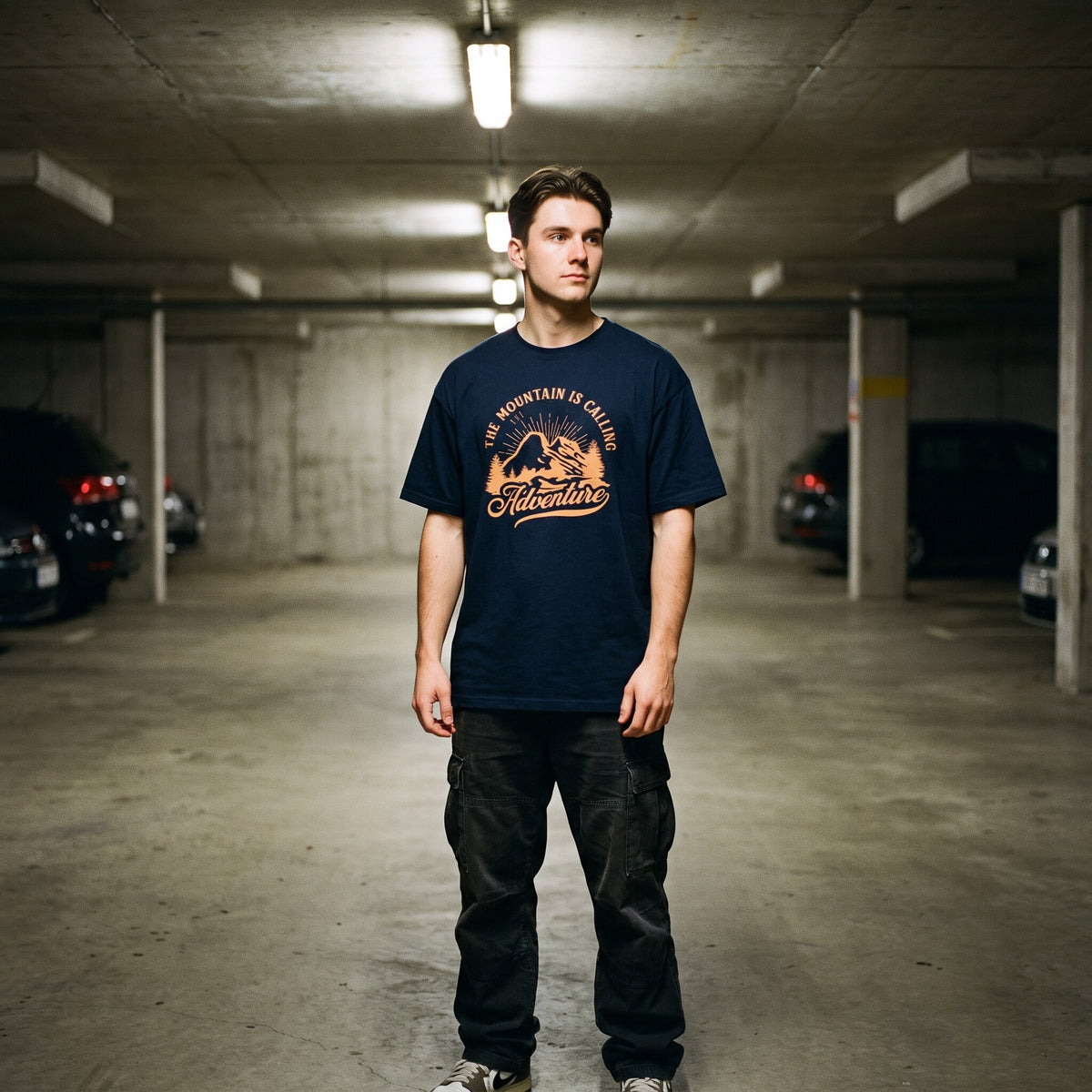 T-shirt bleu marine Adventure au soleil levant orange, porté en pied dans un parking souterrain désert