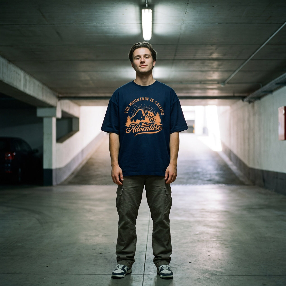 T-shirt oversized bleu marine au badge montagne orange Adventure, porté sur la rampe d'un parking souterrain