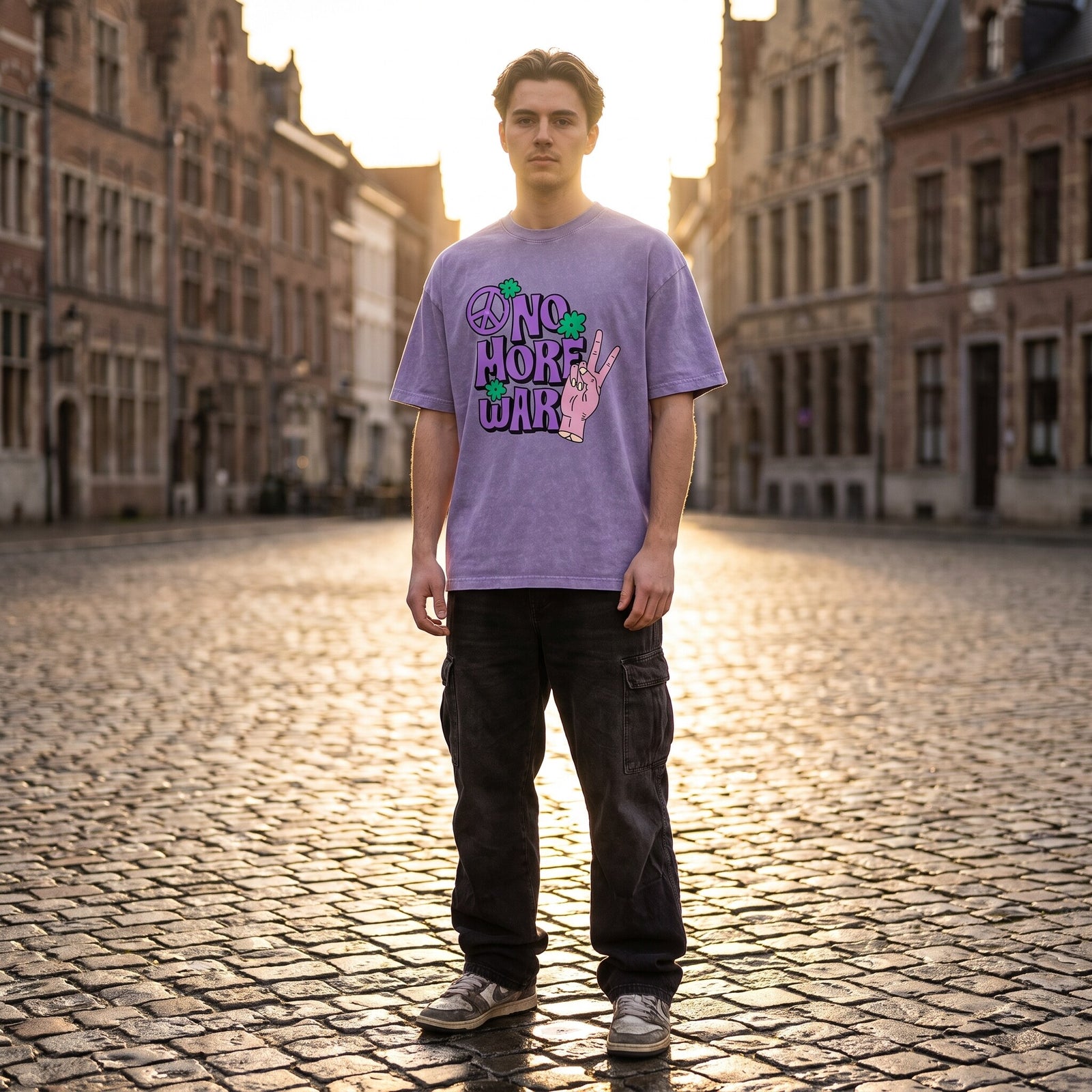 Imprimé No More War violet et rose sur t-shirt oversized, porté au milieu d'une place pavée en lumière dorée