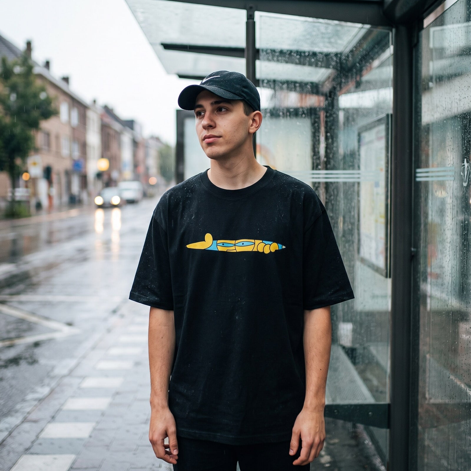 T-shirt noir imprime personnage aplati jaune, porte avec une casquette dans une rue belge detrempee