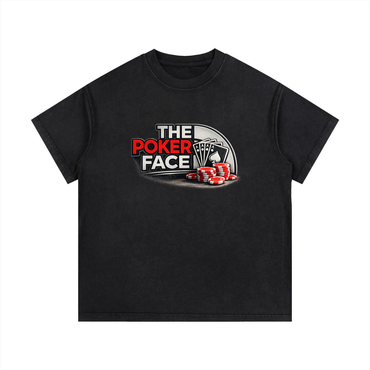 T-shirt The Poker Face en noir délavé à plat, logo casino avec jetons rouge et blanc