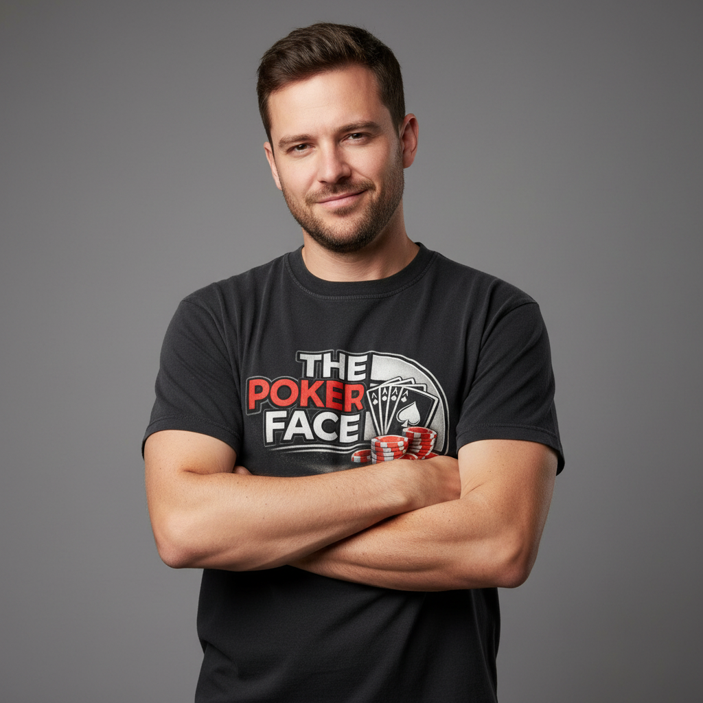 Homme bras croisés en t-shirt The Poker Face noir, imprimé poker sur fond sombre