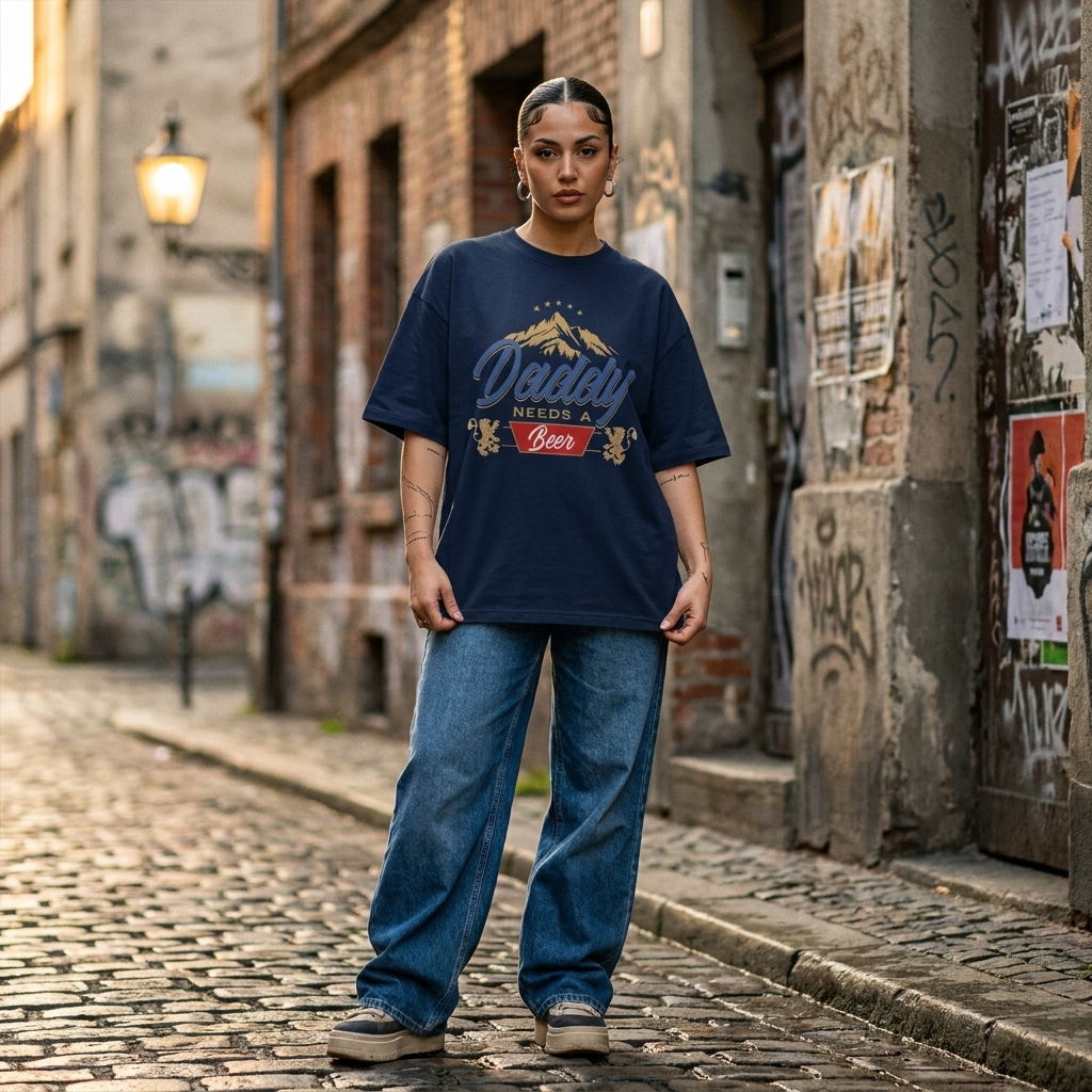 Femme en t-shirt oversize papa bière DADDY NEEDS A BEER, look streetwear urbain jean baggy