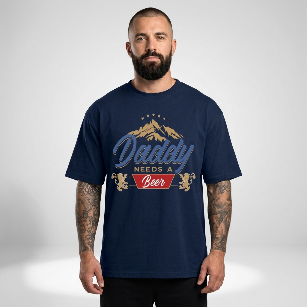 Homme portant le t-shirt oversized Daddy Needs A Beer bleu marine en studio, épaules tombantes