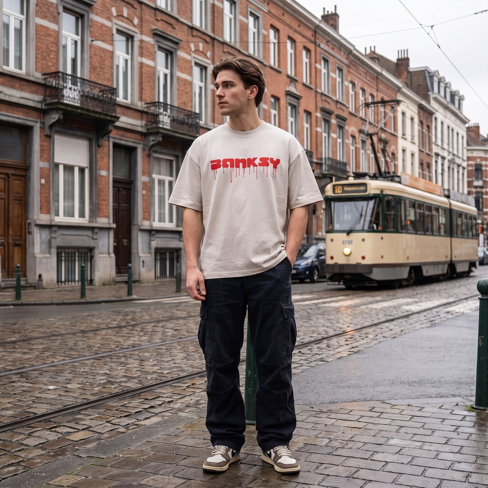 T-shirt oversized Banksy blanc cassé CHT'M porté avec un cargo noir, rue pavée mouillée et vieux tram crème