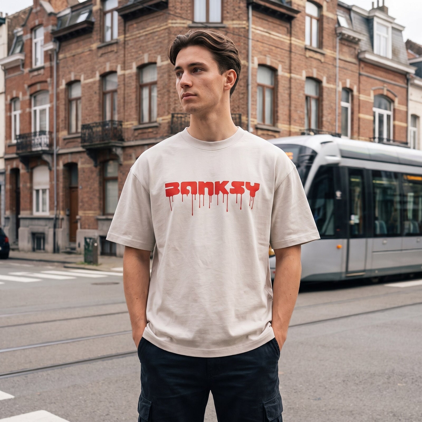 T-shirt oversized Banksy beige, mains dans les poches devant une façade en brique et un tram moderne blanc