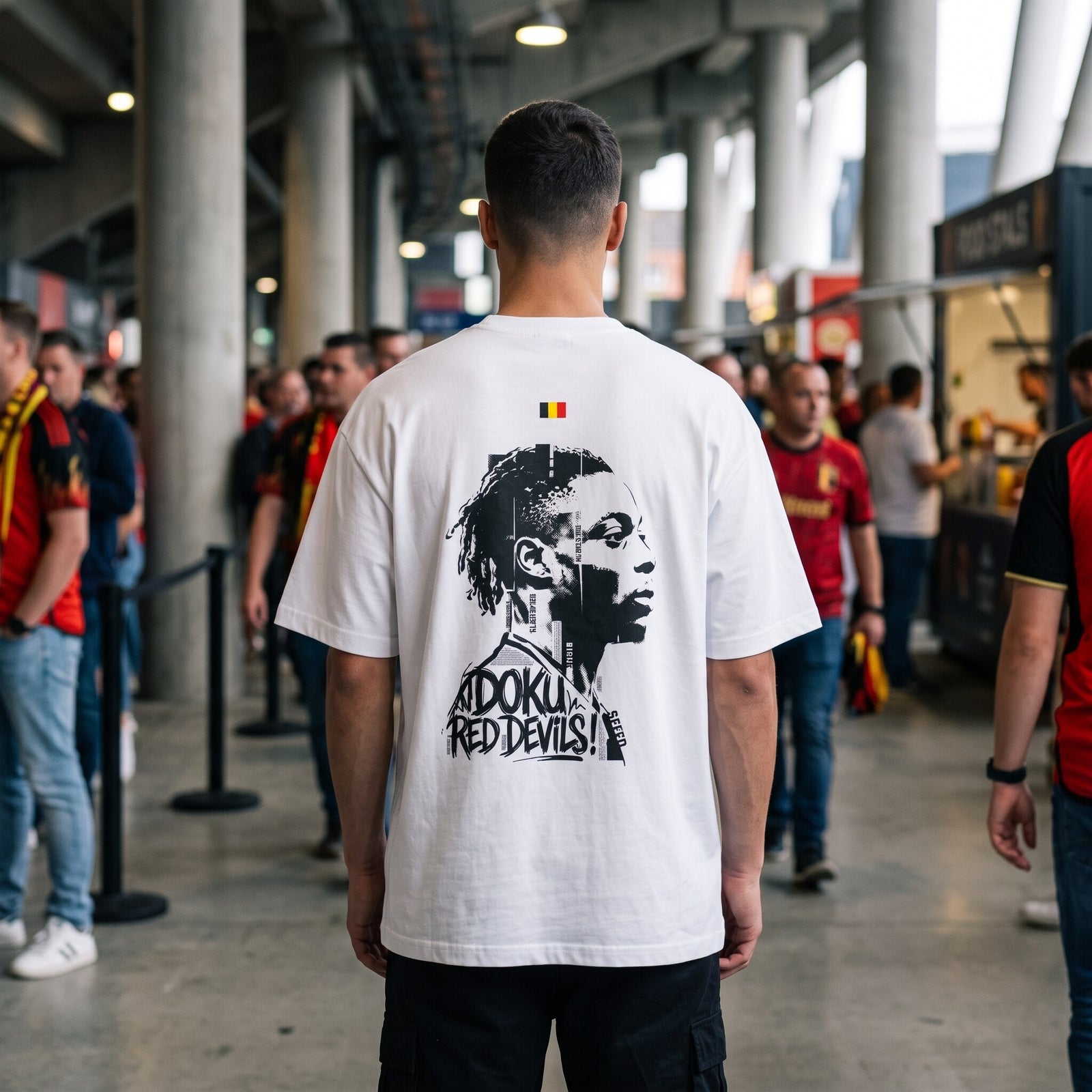T-shirt oversized blanc, portrait de Doku imprime au dos, porte dans une coursive de stade parmi les supporters