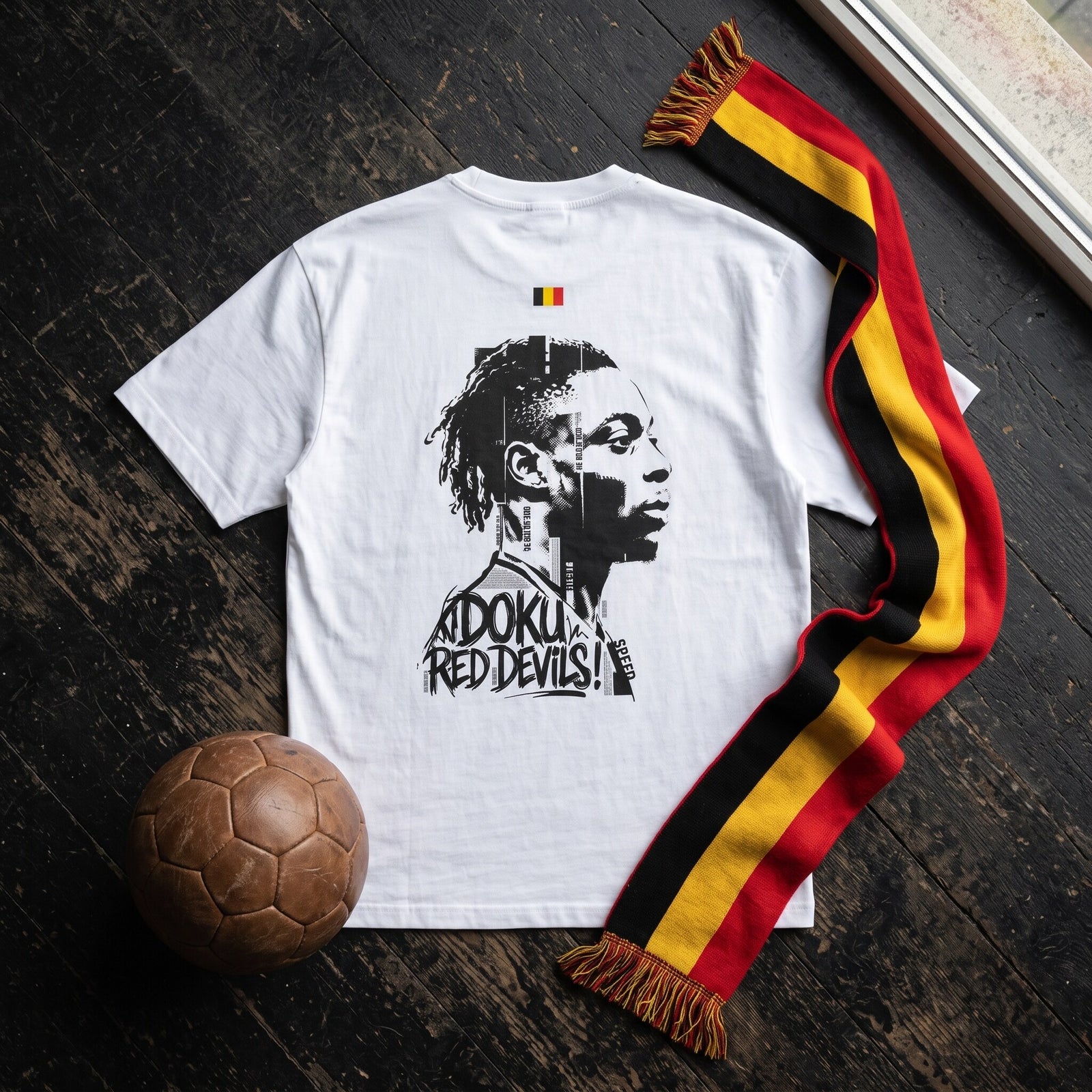 T-shirt blanc Doku Red Devils pose a plat sur un plancher sombre avec un ballon en cuir et une echarpe belge