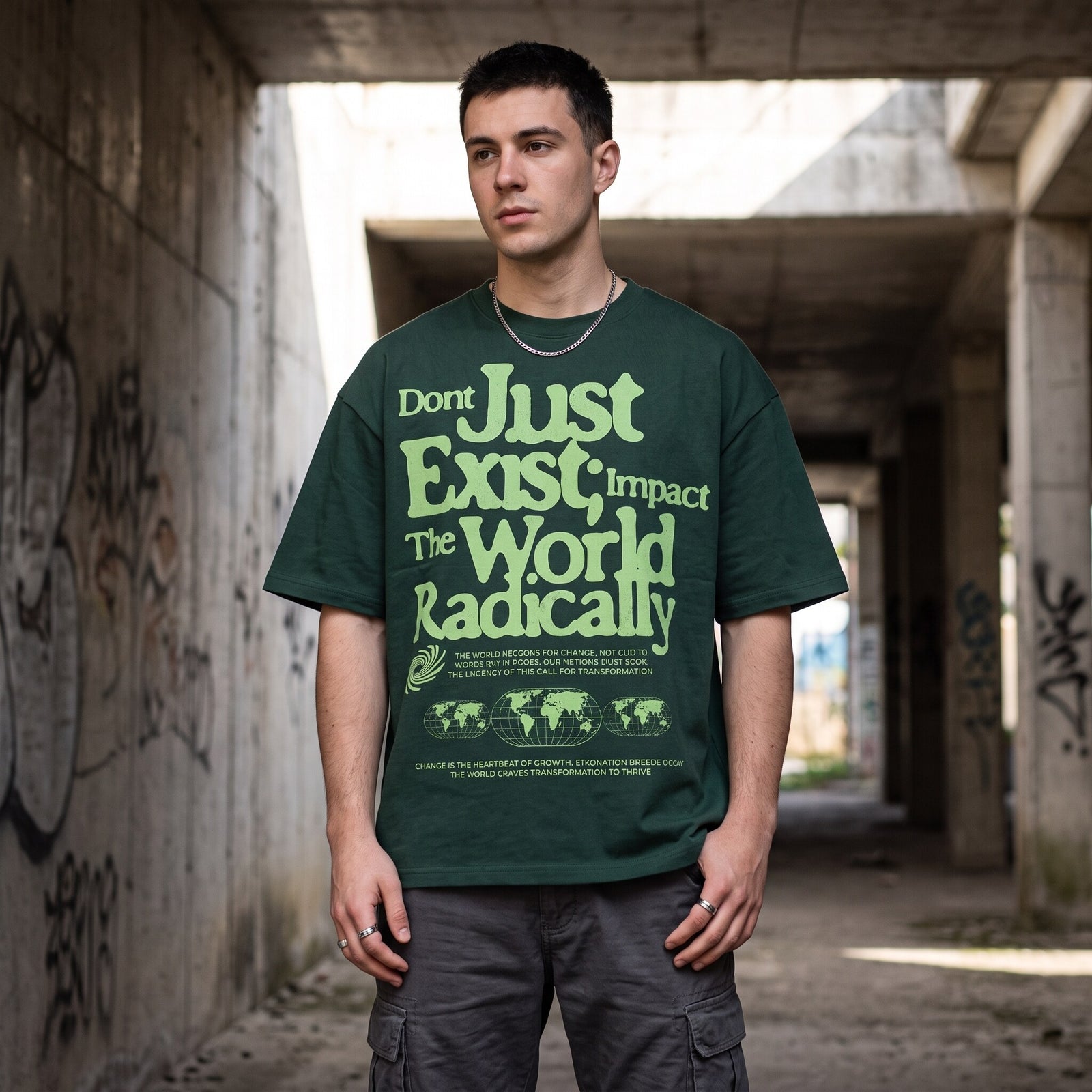 T-shirt oversized vert fonce au lettrage seventies vert clair, porte sous une dalle de beton couverte de graffitis