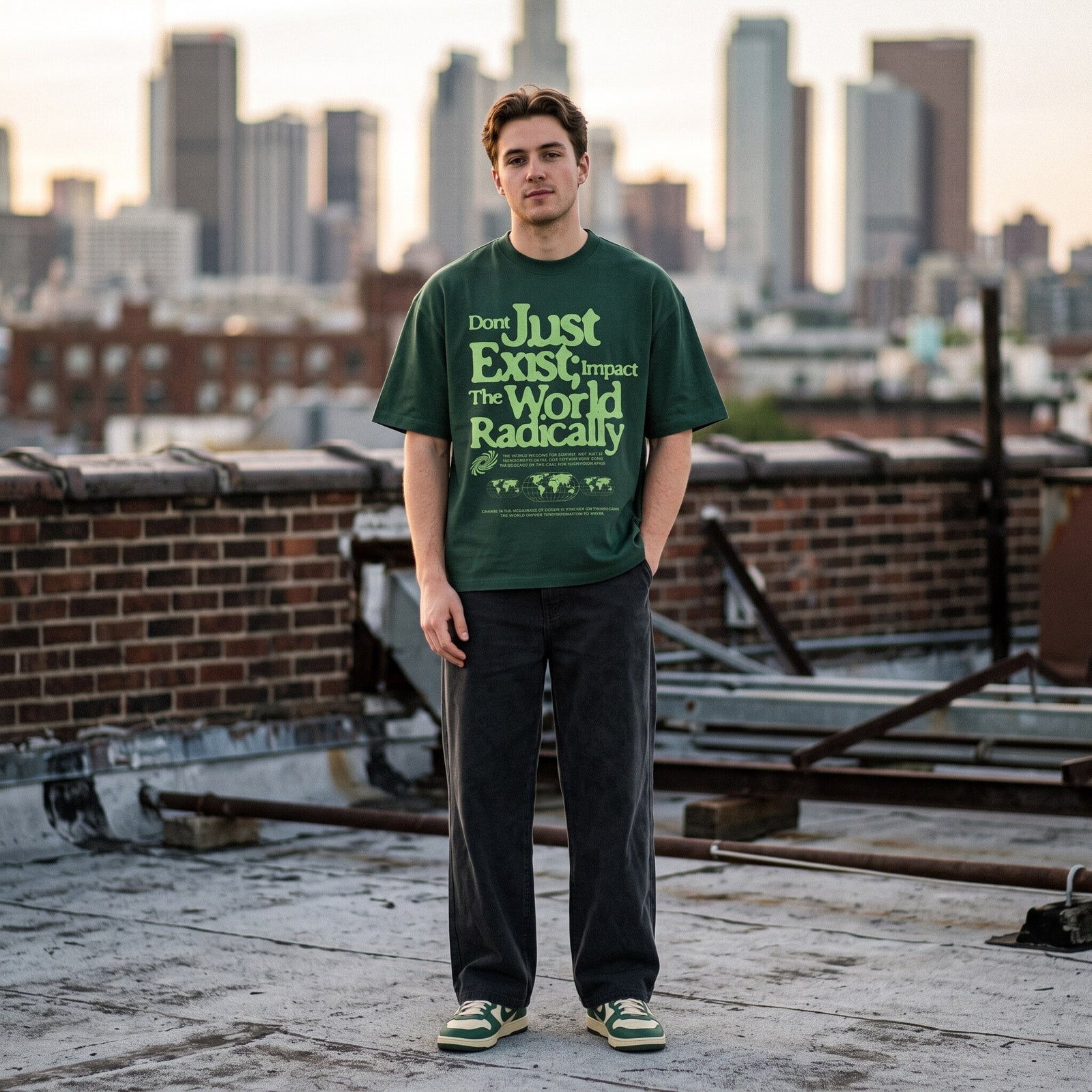T-shirt oversized vert en coton lourd 330 g, porte sur un toit en terrasse devant les gratte-ciel au soleil couchant