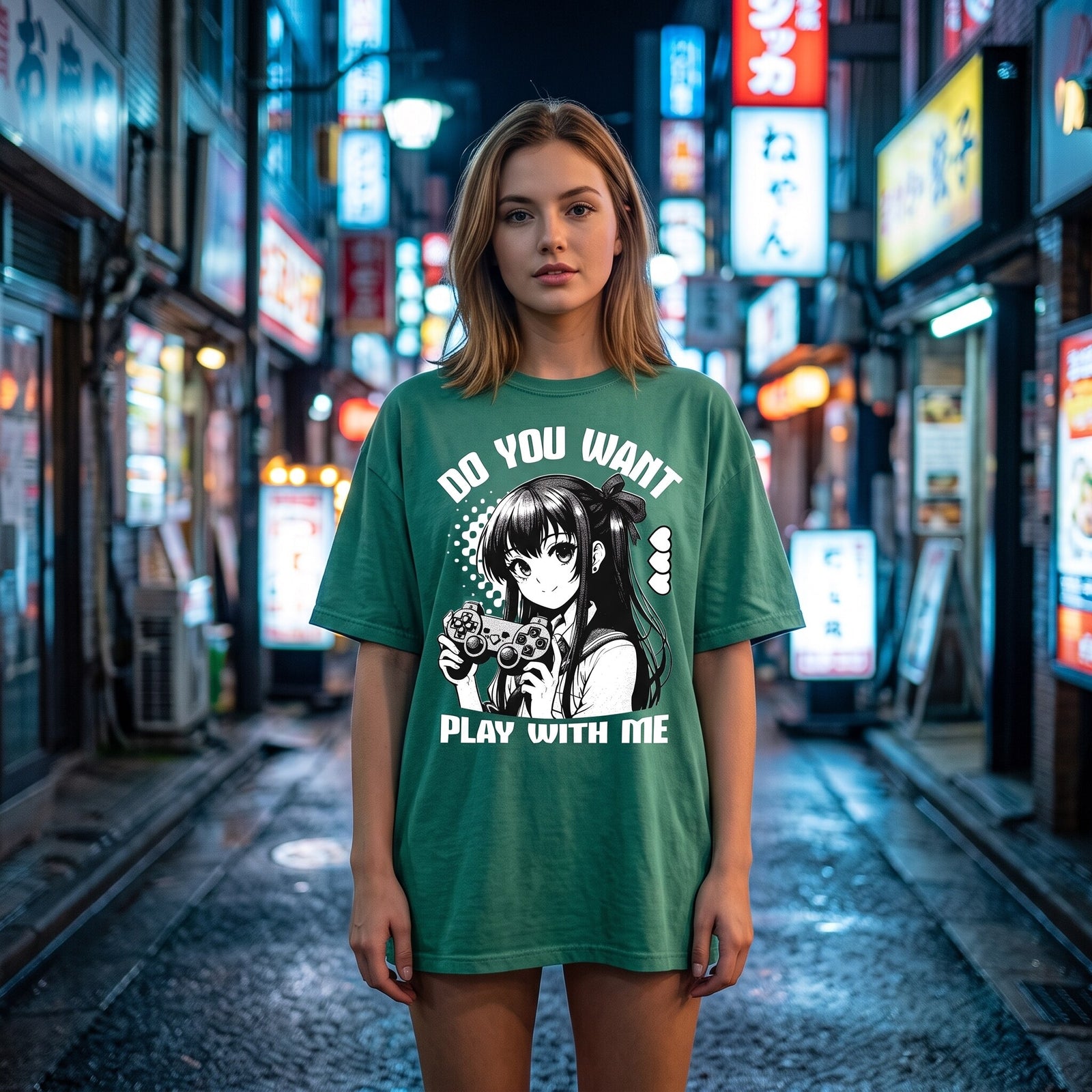 T-shirt oversized vert manga Gamer Girl a la manette, porte dans une ruelle japonaise illuminee de neons la nuit