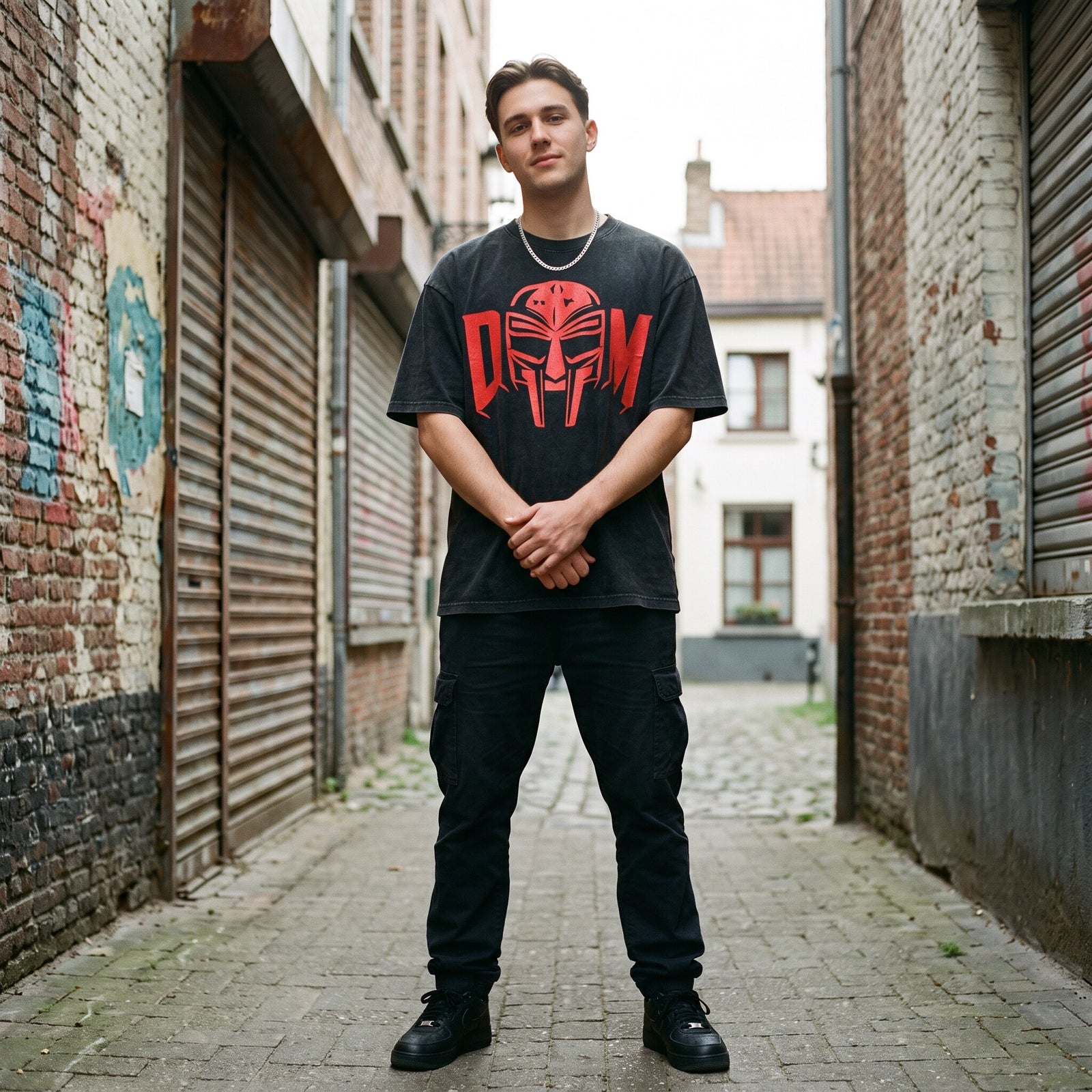 T-shirt oversized noir délavé au masque MF DOOM rouge XXL, porté dans une ruelle pavée aux volets métalliques