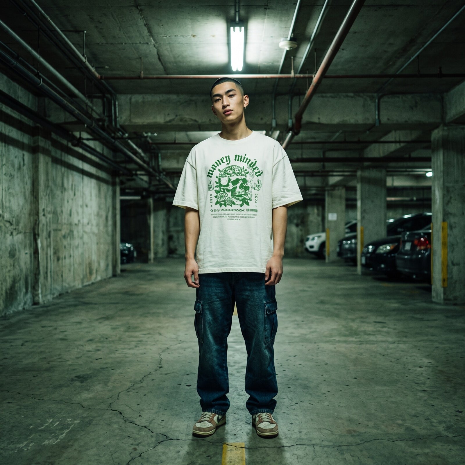T-shirt oversized blanc Money Minded porte avec un jean baggy dans un parking souterrain eclaire au neon