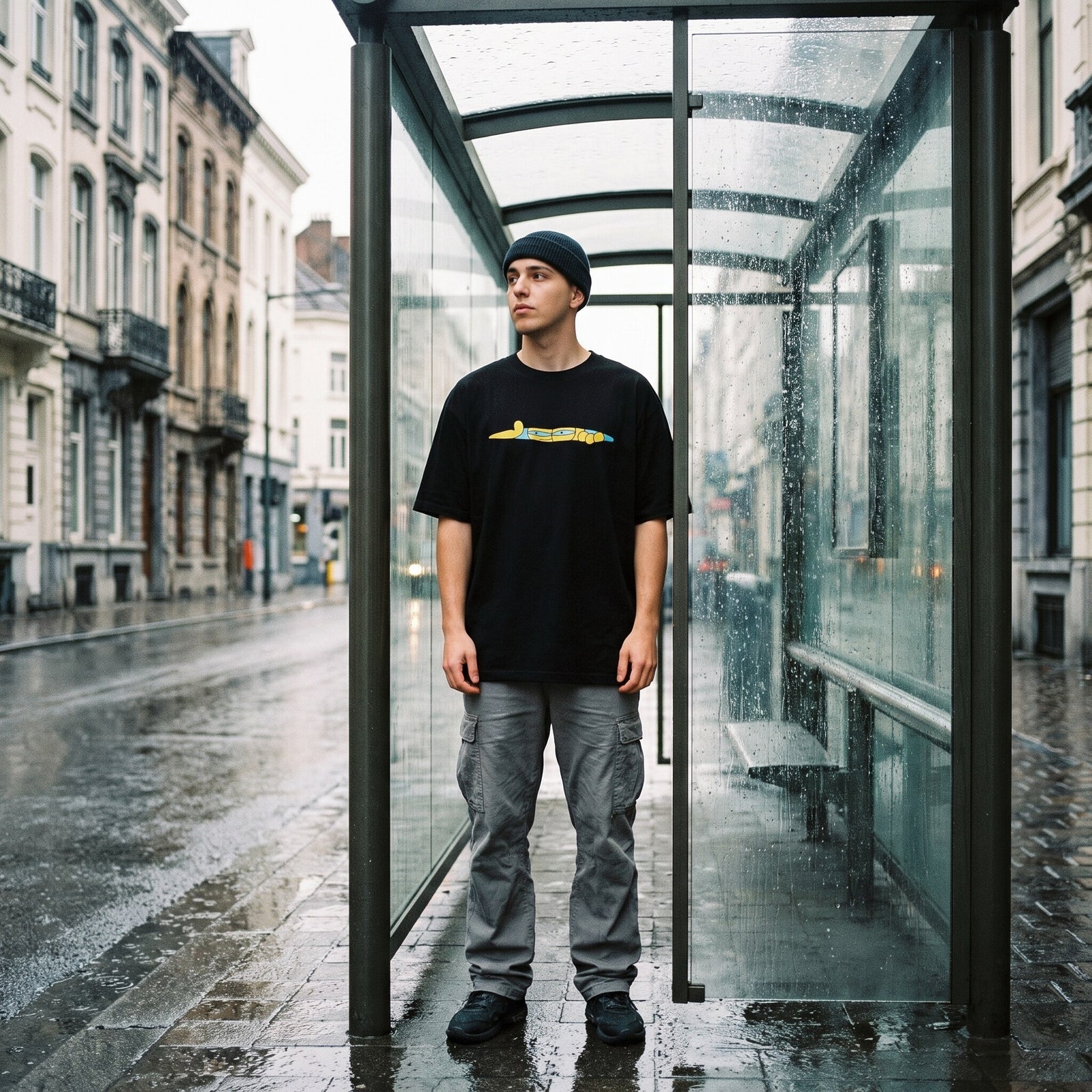 Silhouette entiere en t-shirt noir cartoon et pantalon cargo gris, debout dans un abribus sur des paves mouilles