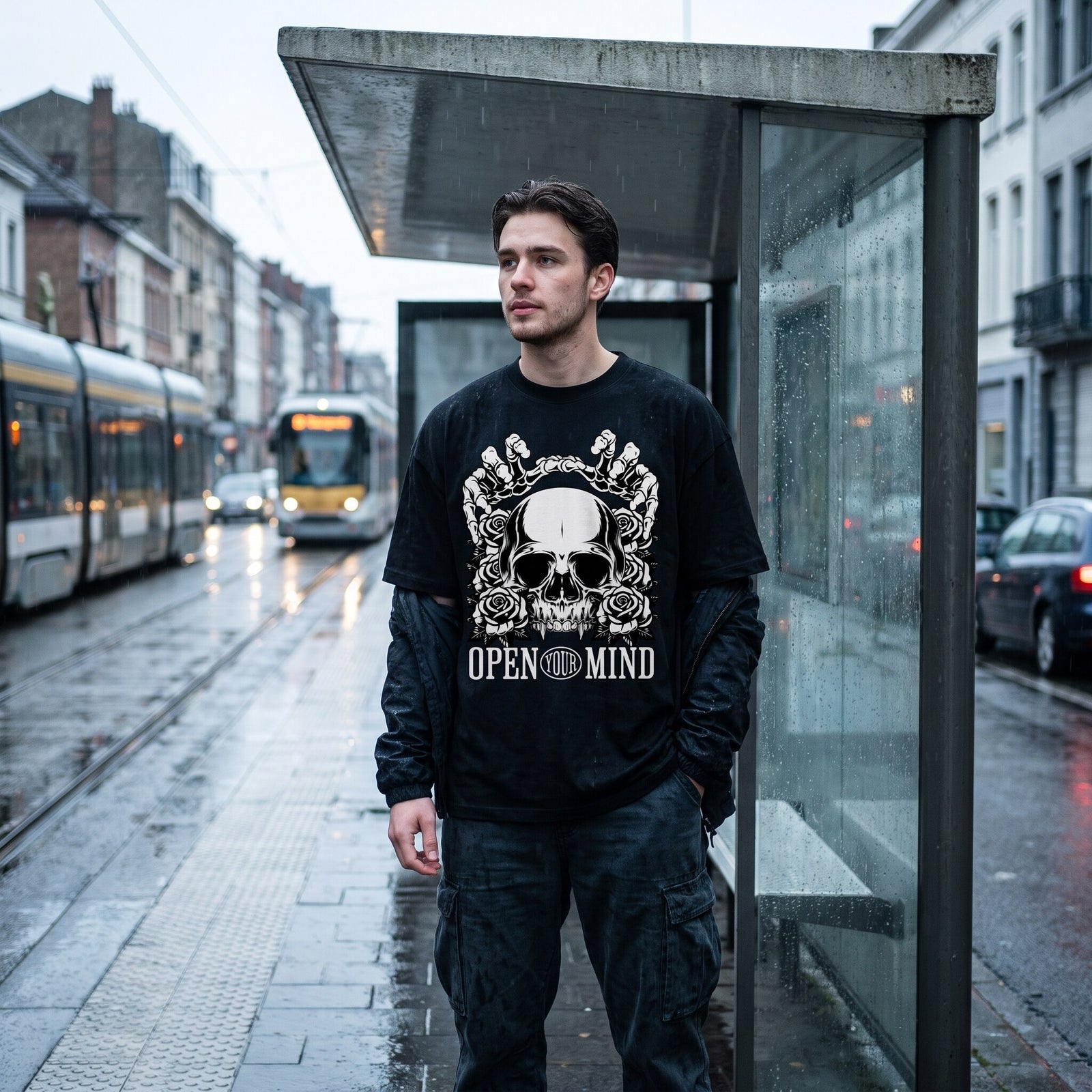 T-shirt oversized noir Open Your Mind porté sur une veste, arrêt de tram détrempé et tram jaune au fond