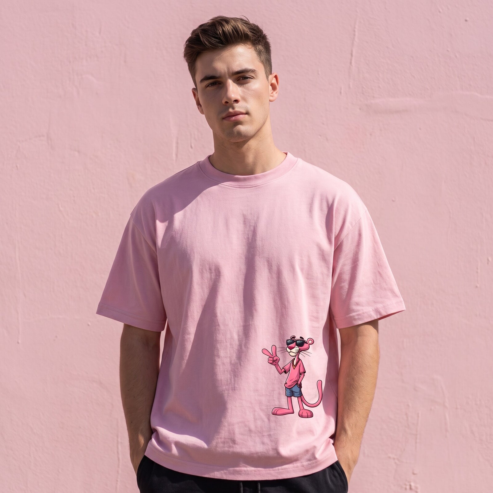 T-shirt rose oversized a la panthere cartoon faisant le signe V, porte devant un mur peint en rose pale