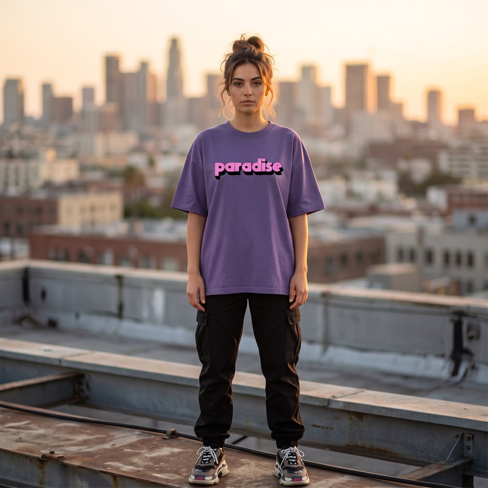 T-shirt oversized violet lettrage rose paradise, porte sur un toit face aux gratte-ciel au coucher du soleil