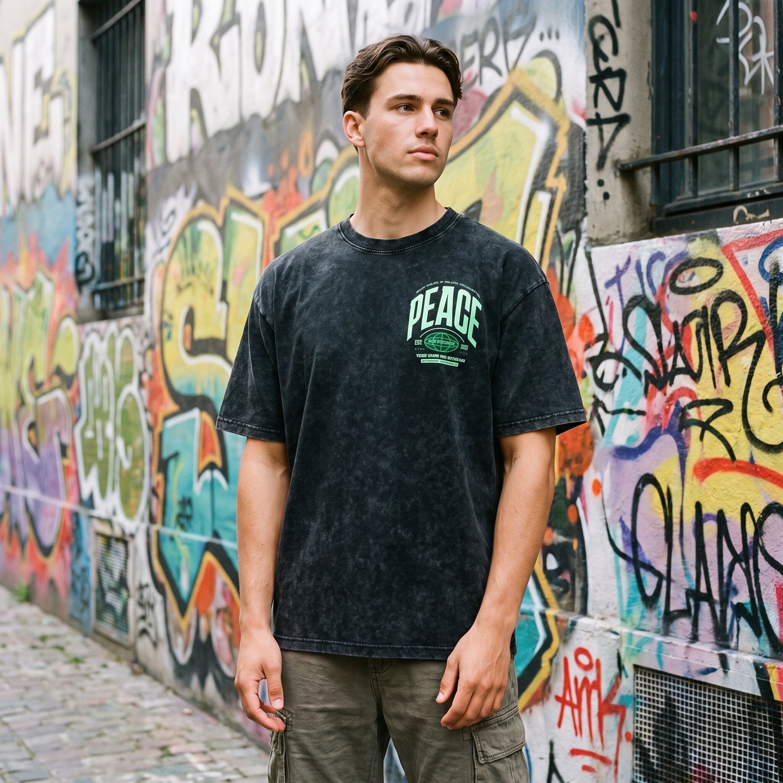 T-shirt oversized noir délavé imprimé PEACE, porté avec un cargo kaki dans une ruelle pavée taguée