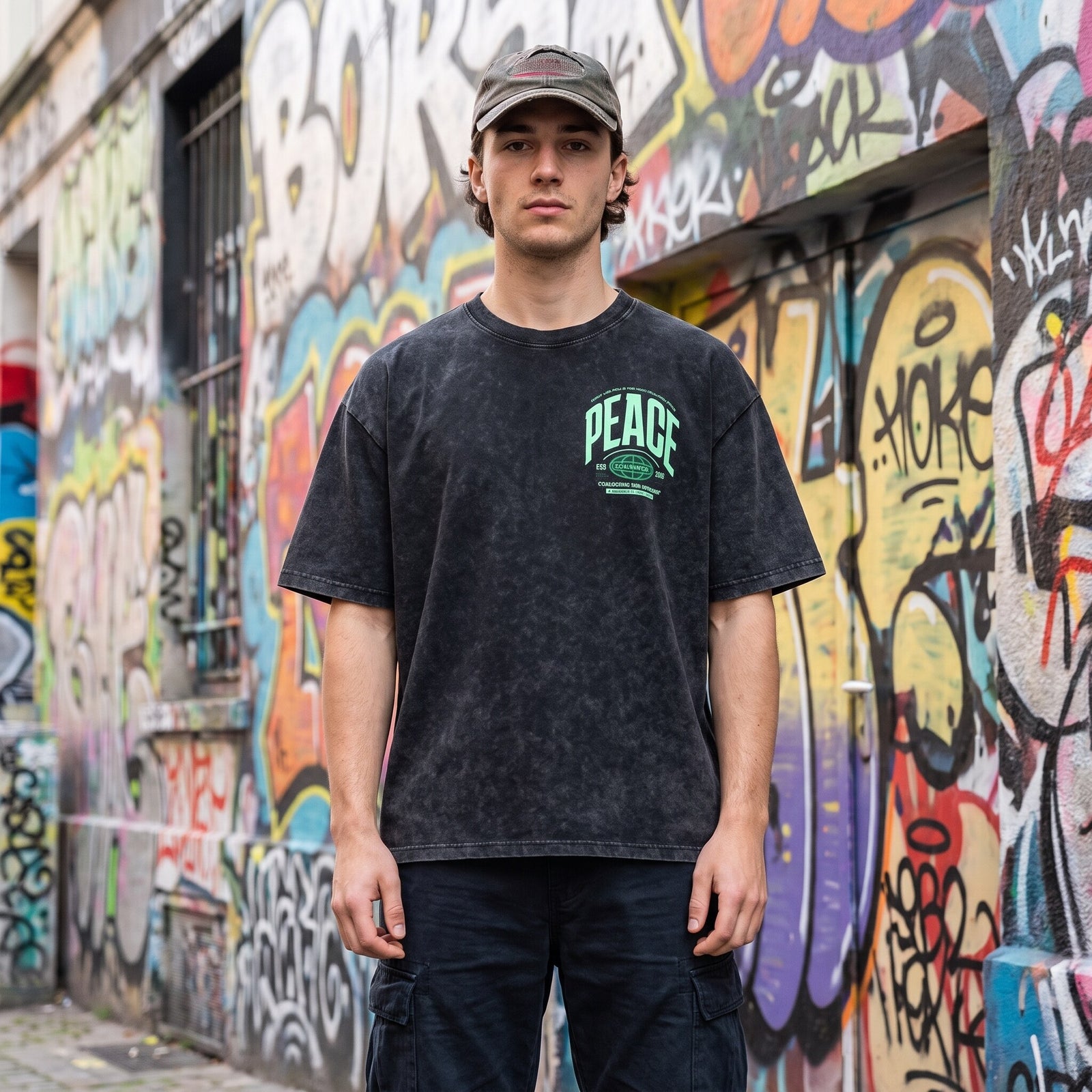 Homme en casquette et t-shirt oversized snow wash noir CHT'M, petit logo PEACE vert, mur de graffitis