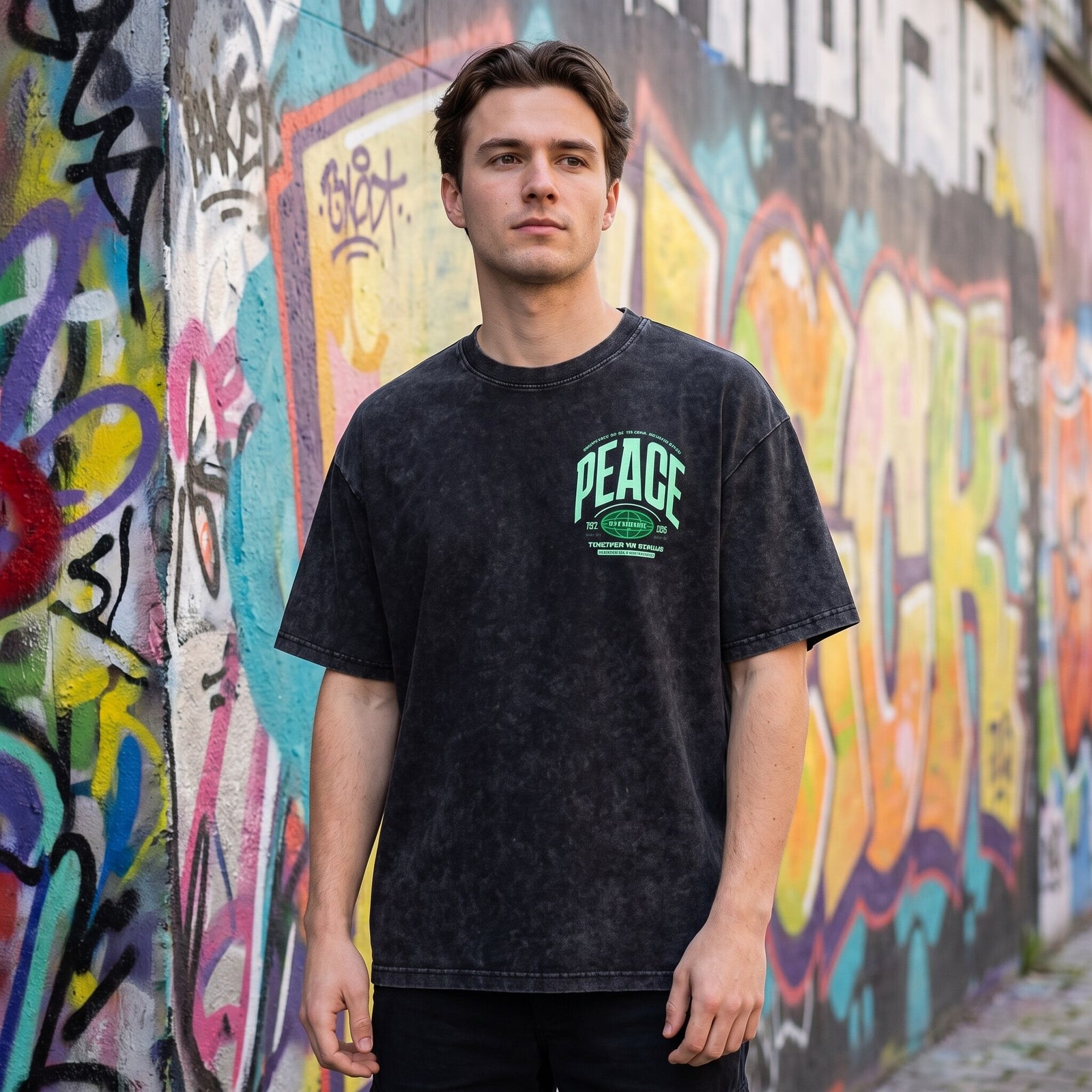 T-shirt oversized PEACE vert menthe sur coton noir délavé, porté devant une fresque de graffitis pastel