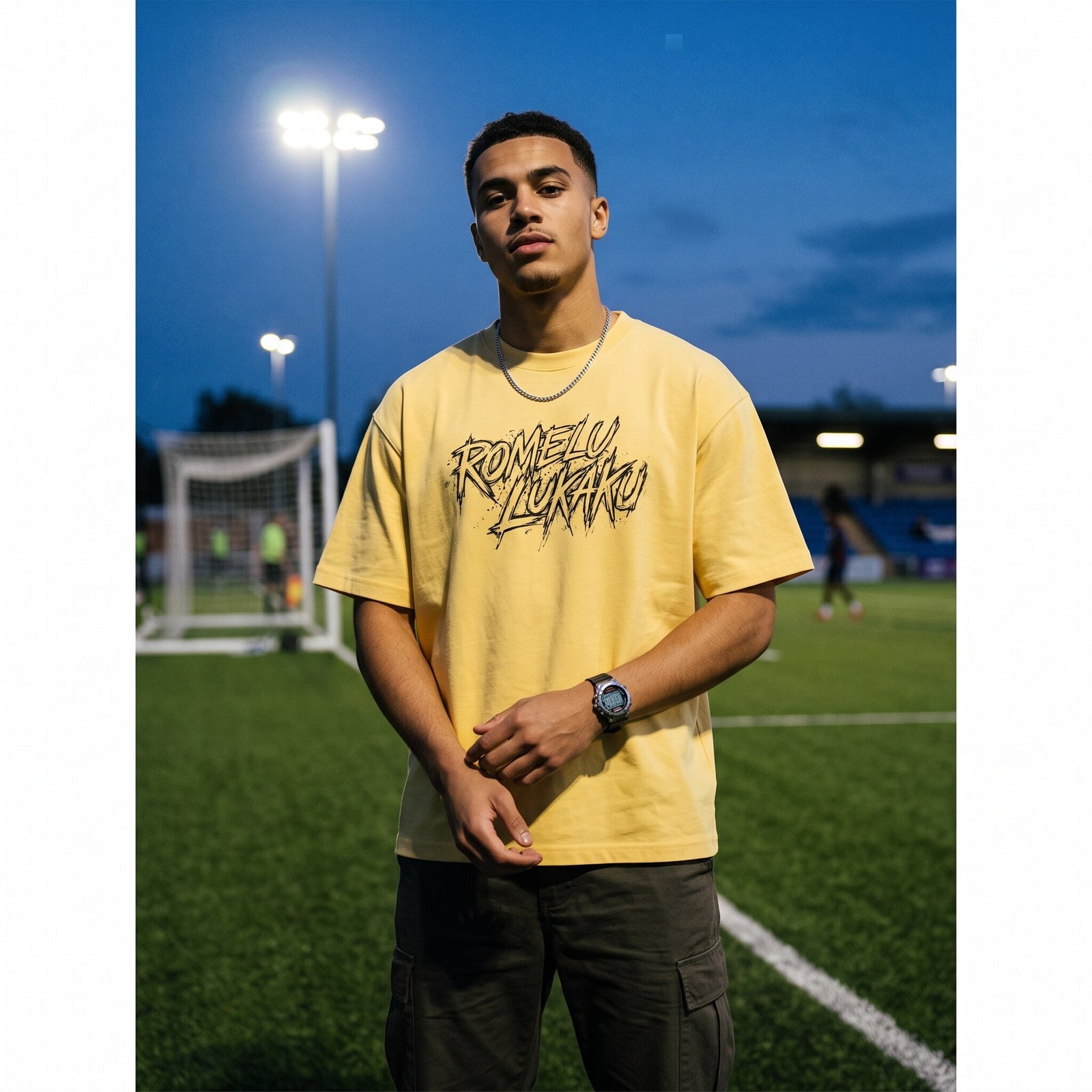 T-shirt oversized jaune citron Romelu Lukaku, porte au bord d'un terrain de foot eclaire par les projecteurs