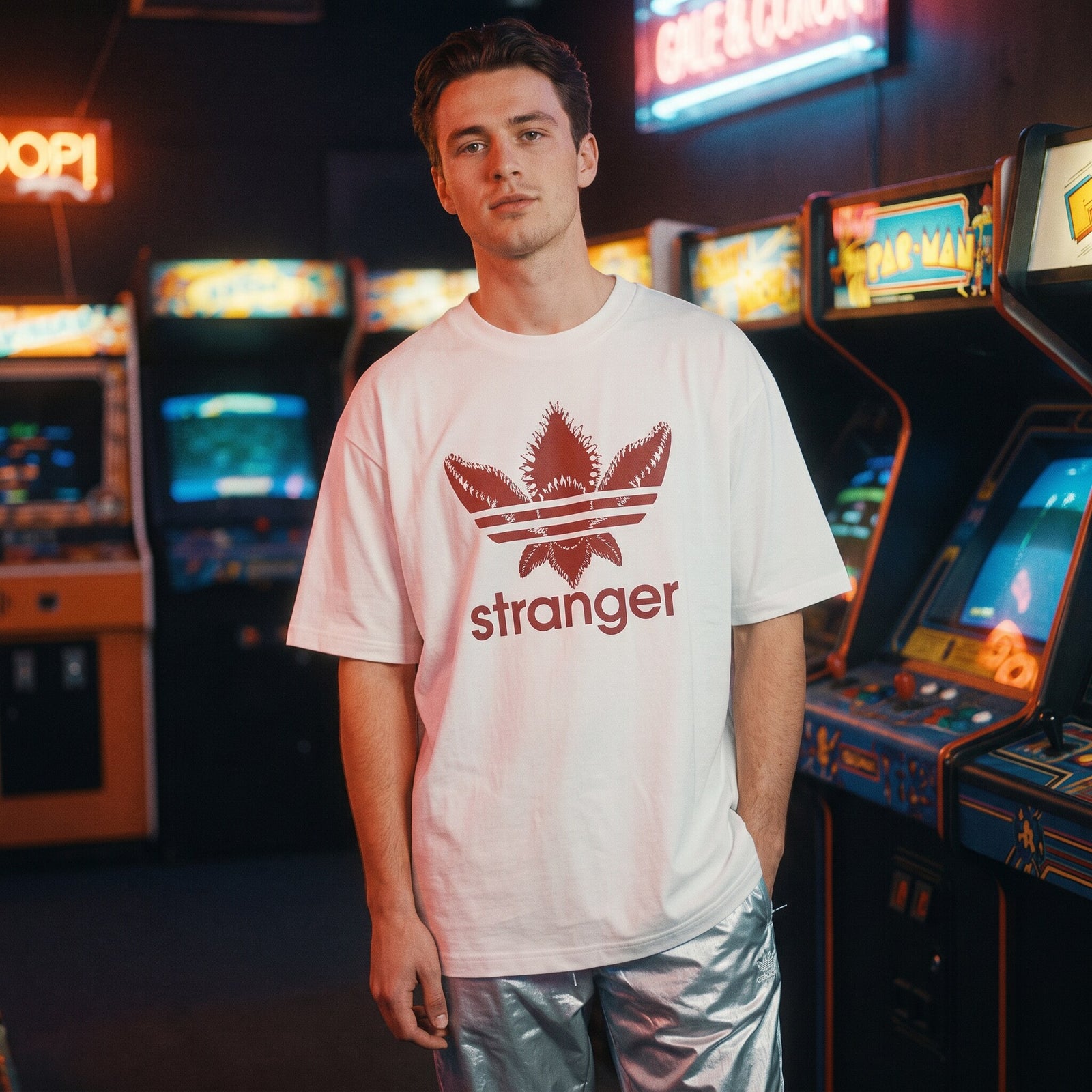 T-shirt oversized blanc au logo stranger rouge, porte dans une salle d'arcade retro aux neons colores