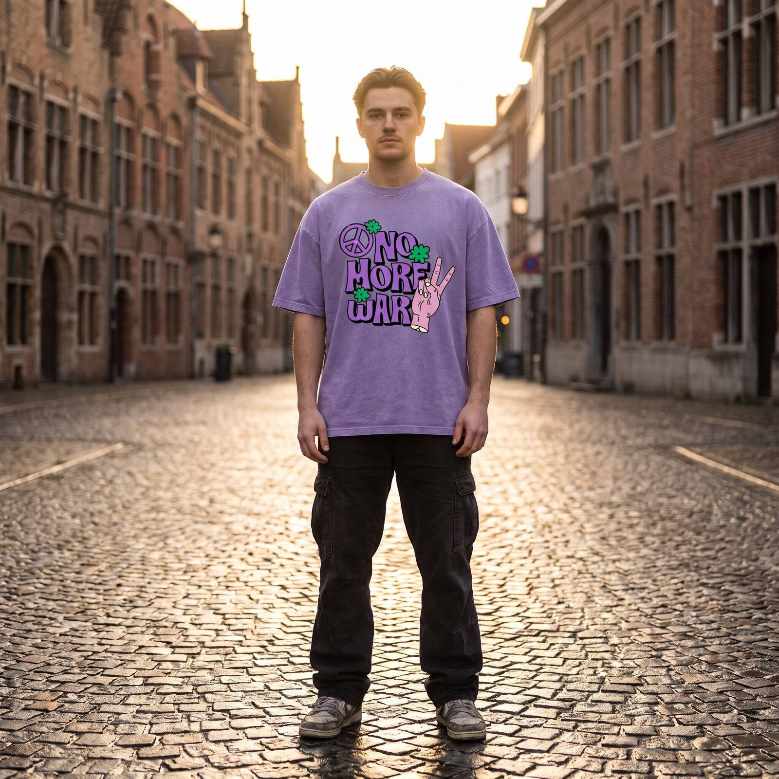 T-shirt violet clair aux fleurs vertes et symbole peace, porté à contre-jour dans une rue pavée au soleil couchant
