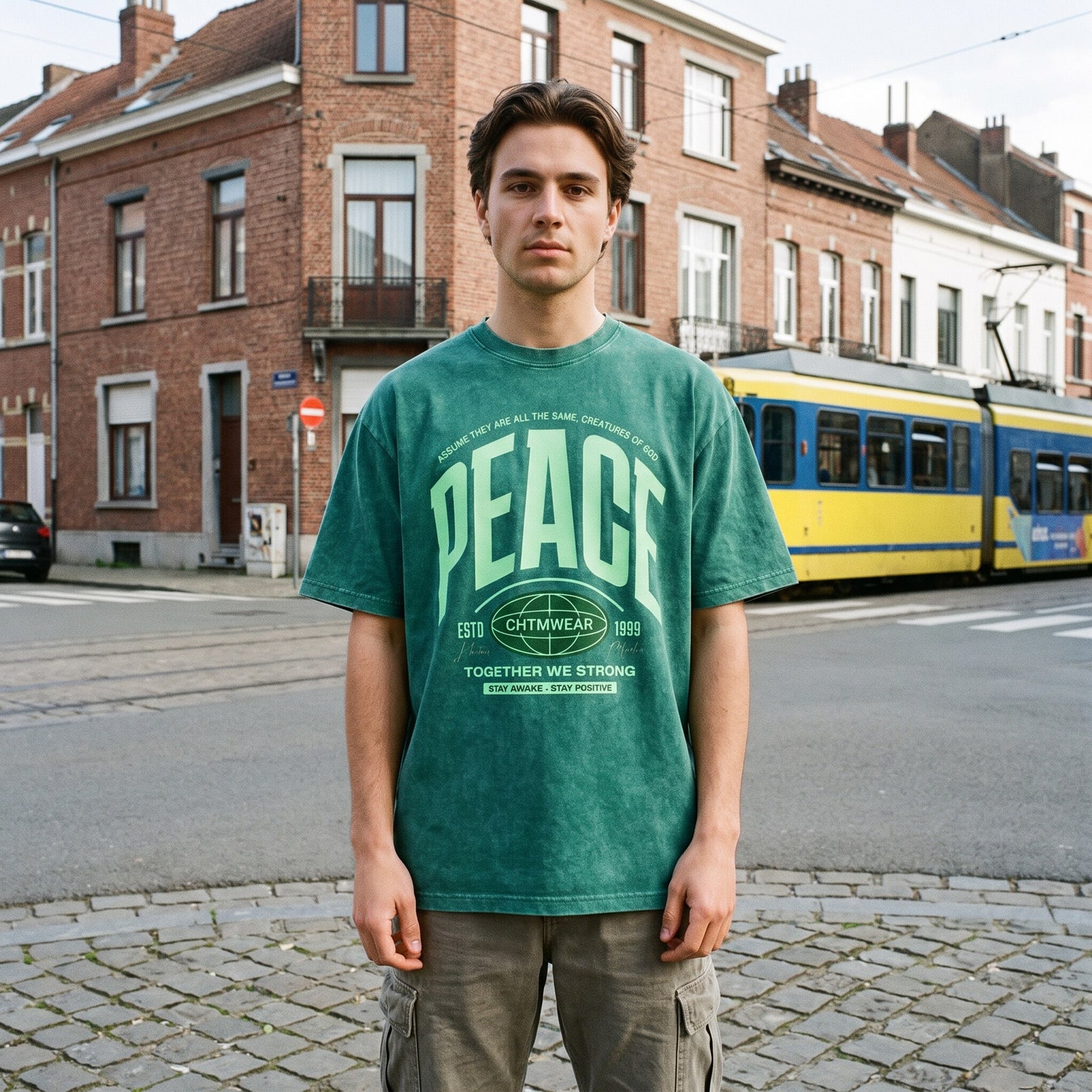 T-shirt oversized vert delave au lettrage varsity PEACE et globe, porte au coin d'une rue pavee de Bruxelles