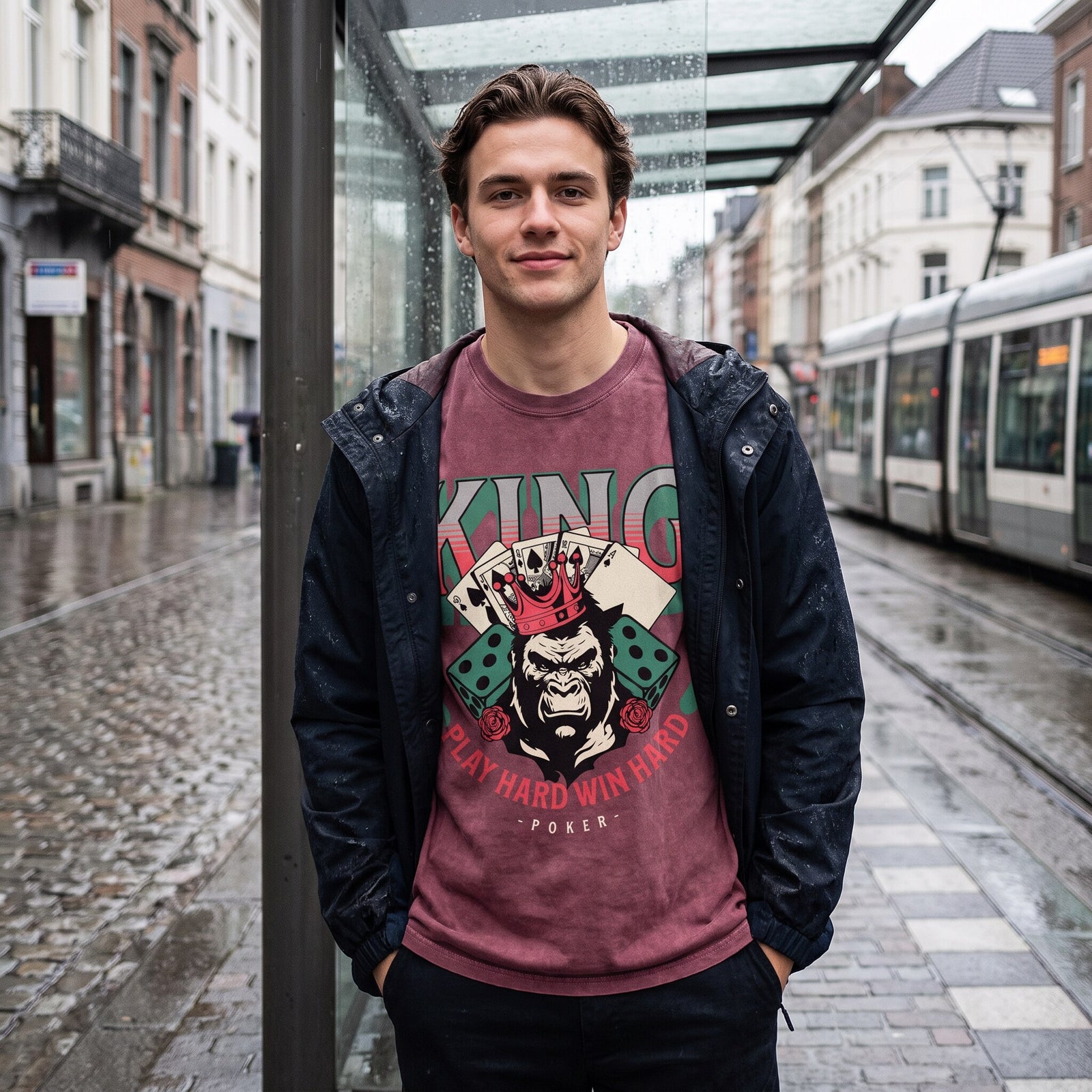 T-shirt bordeaux poker King porté sous une veste marine ouverte, devant un abribus et un tram blanc sous la pluie