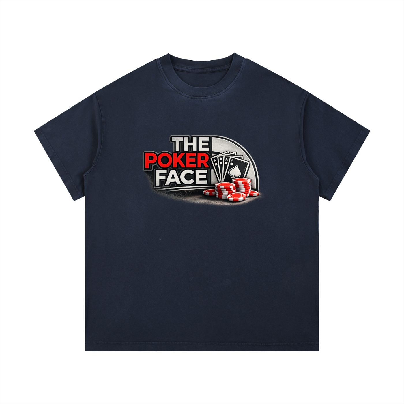 T-shirt The Poker Face en bleu marine à plat, lettrage rouge et blanc avec quatre as