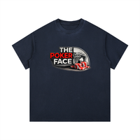T-shirt The Poker Face en bleu marine à plat, lettrage rouge et blanc avec quatre as