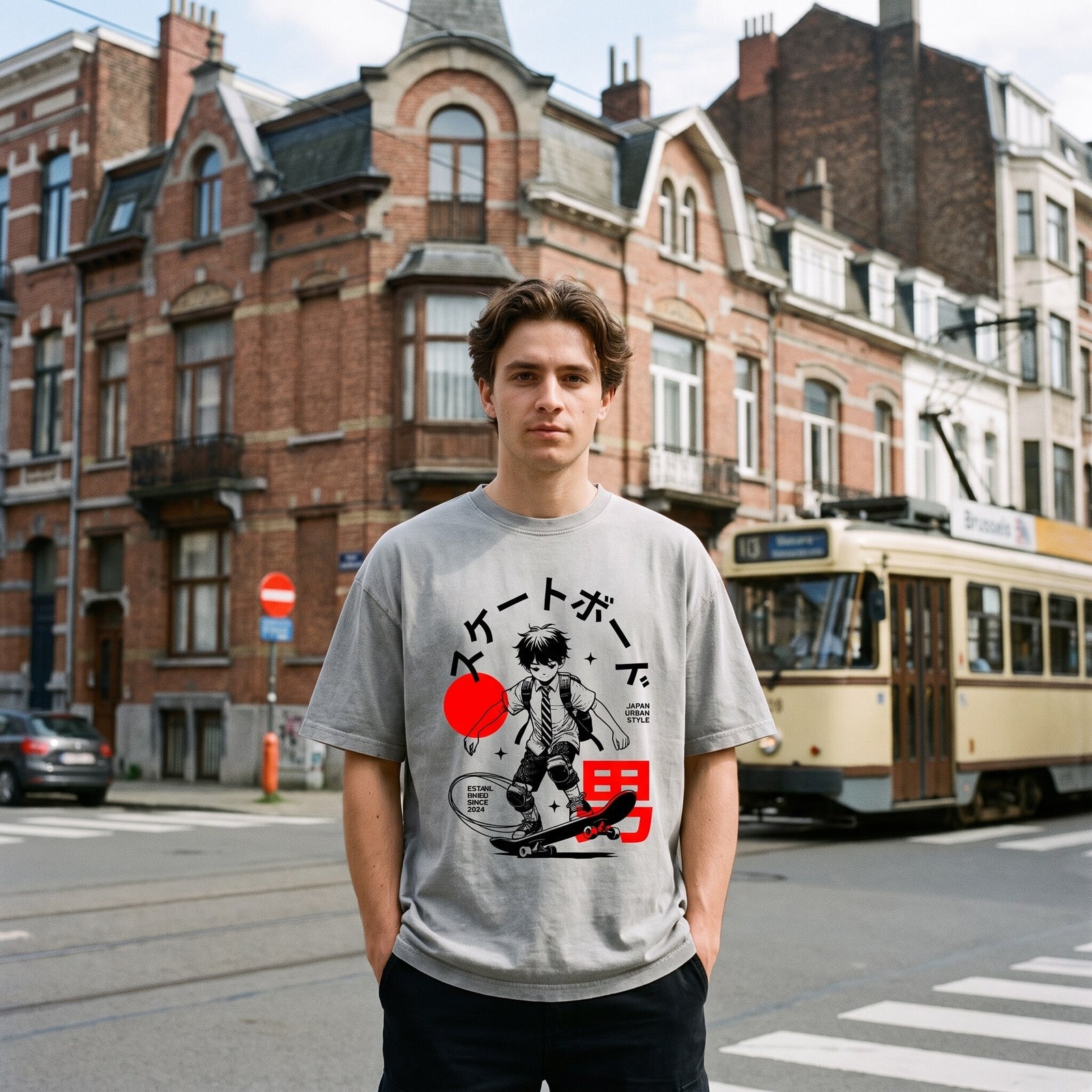 Imprimé manga skateur et kanji rouge sur t-shirt oversized gris, porté près d'un passage piéton bruxellois