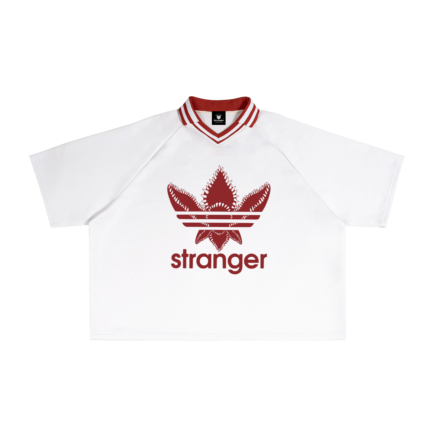 T-shirt oversized blanc inspiré de Stranger Things à plat - trèfle démogorgon rouge et col V rayé