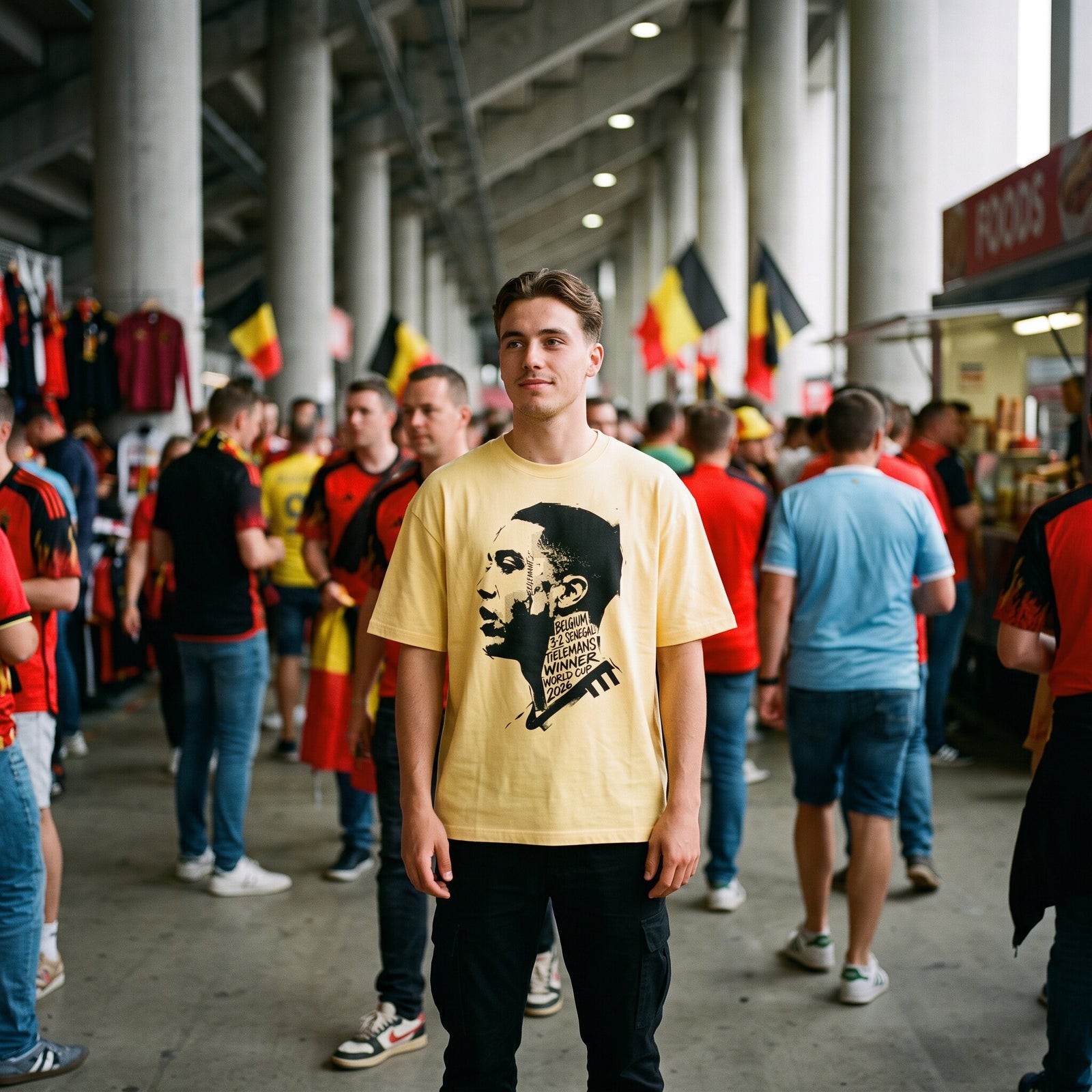 T-shirt oversized jaune citron, portrait de Tielemans et score Belgique 3-2 Senegal, porte sous les tribunes d'un stade