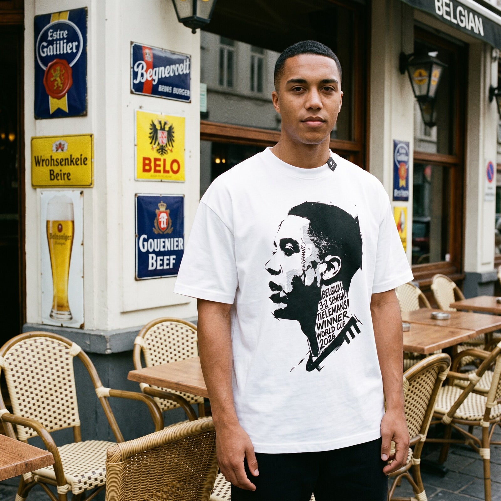T-shirt blanc collector Tielemans Belgique 3-2 Senegal, porte devant la terrasse d'une brasserie aux plaques emaillees