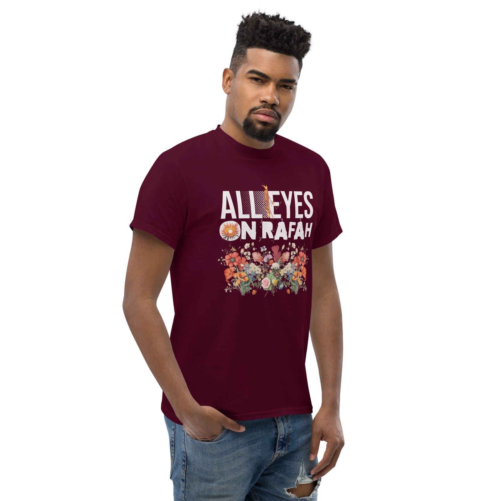 t-shirt bordeaux Palestine All eyes on Rafah homme porté
