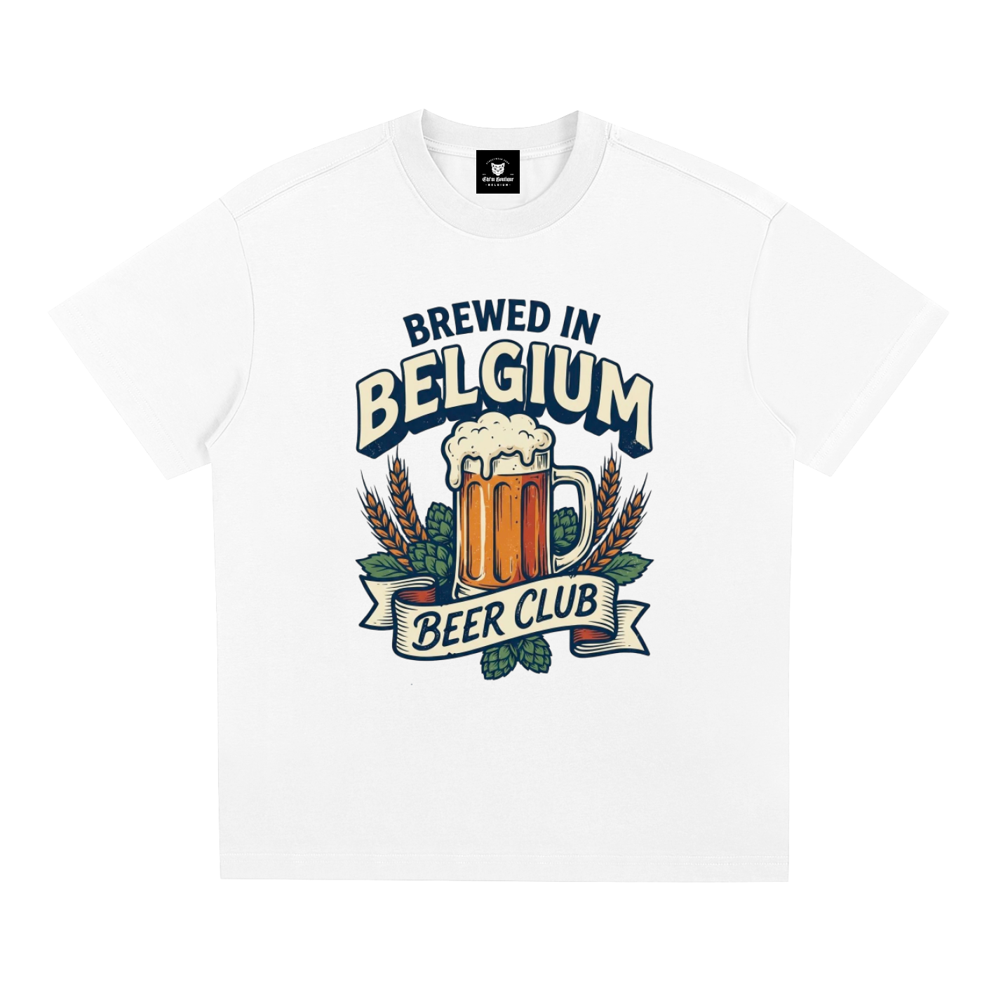 T-shirt Brewed in Belgium Beer Club en blanc à plat, chope de bière et houblon imprimés