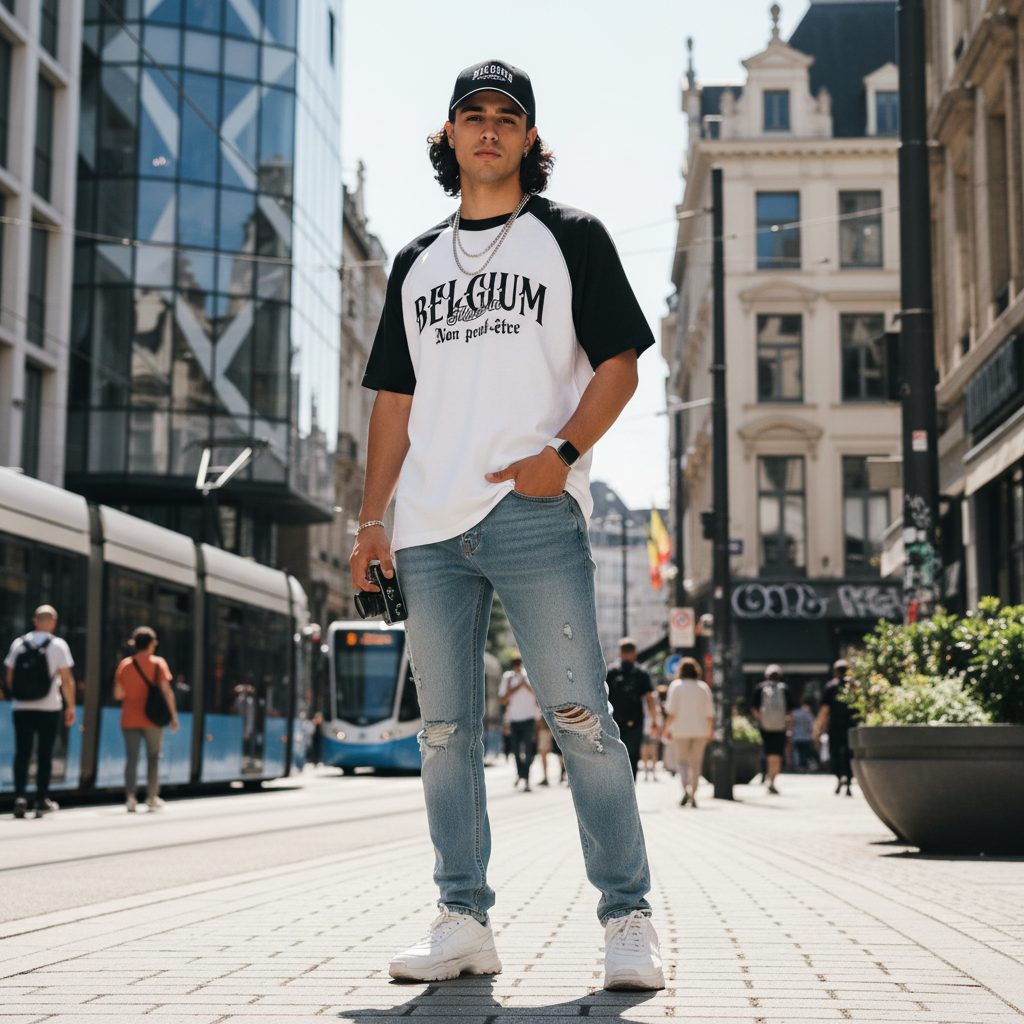 T-shirt belge raglan Made in Belgium porté en rue, corps blanc et bras noirs, look streetwear belge