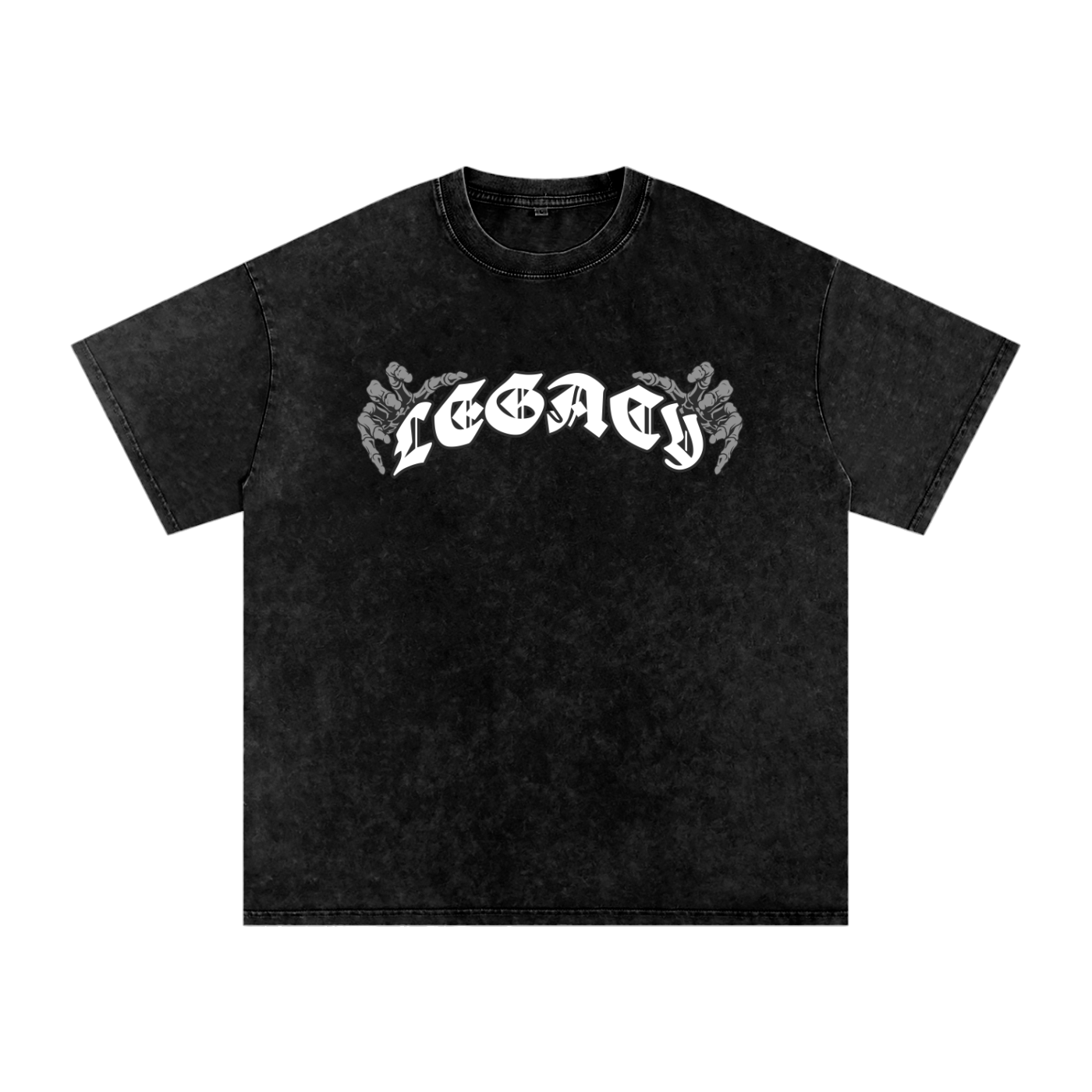 T-shirt oversized LEGACY en noir délavé vu de face - lettrage gothique et mains squelettiques