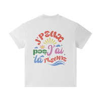 T-shirt enfant oversized blanc vu de dos - soleil, nuages et vagues autour du slogan